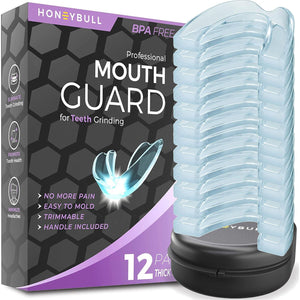 HONEYBULL Mouth Guard For Grinding Teeth [12 Pack - Thick] 1 Size For Heavy Grinding | Comfortable Custom Mouth Guard For Clenching Teeth At Night, Bruxism, Whitening Tray And Guard,