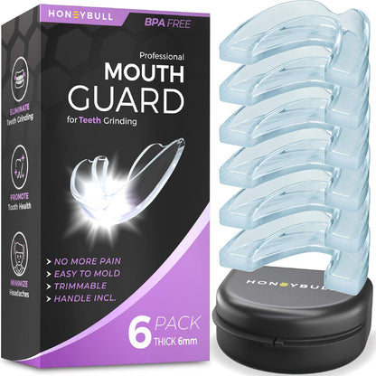 HONEYBULL Mouth Guard For Grinding Teeth [6 Pack - Thick] 1 Size For Heavy Grinding | Comfortable Custom Mouth Guard For Clenching Teeth At Night, Bruxism, Whitening Tray And Guard,