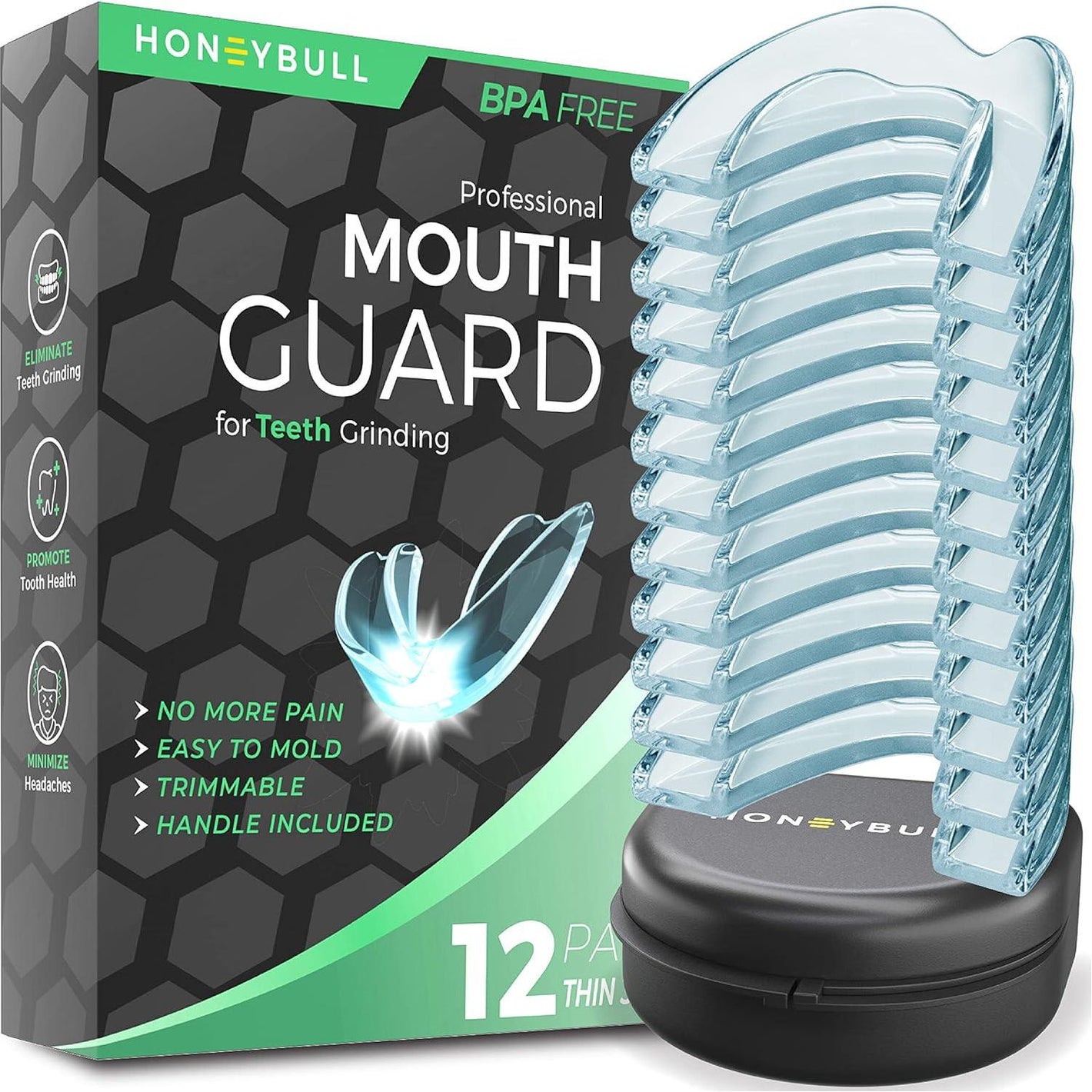 HONEYBULL Mouth Guard For Grinding Teeth [12 Pack - Thin] 1 Size For Light Grinding | Comfortable Custom Mouth Guard For Clenching Teeth At Night, Bruxism, Whitening Tray And Guard,