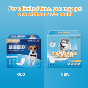 Honey Care Dog Wraps, 50 Count, Large Male Dog Diapers, A24 Series, Leak Proof Absorbent, Disposable