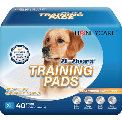 Honey Care All Absorb Training Pads 28 x 34 Inches Extra Large 40 Count 5 Layer Leakproof Potty Pads for Dogs