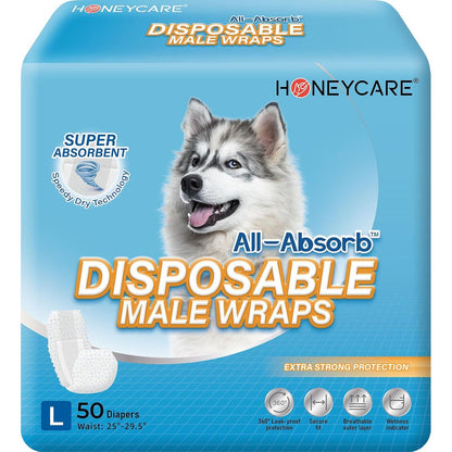Honey Care Dog Wraps, 50 Count, Large Male Dog Diapers, A24 Series, Leak Proof Absorbent, Disposable