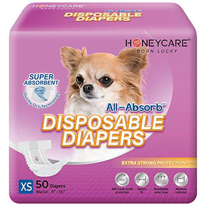 Honey Care Female Dog Diapers Disposable Extra Small Super Absorbent 50 Count Pack with Wetness Indicator