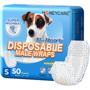 Honey Care All Absorb Male Dog Wraps 50 Count Small Disposable Puppy Diapers Leak Protection