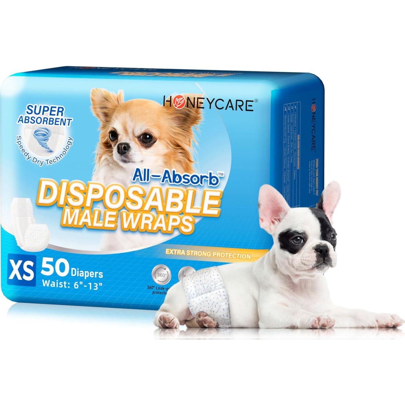 Honey Care All-Absorb Male Dog Wraps, Extra Small, Leak-Proof, 50 Ct, Disposable Male Diapers for Dogs
