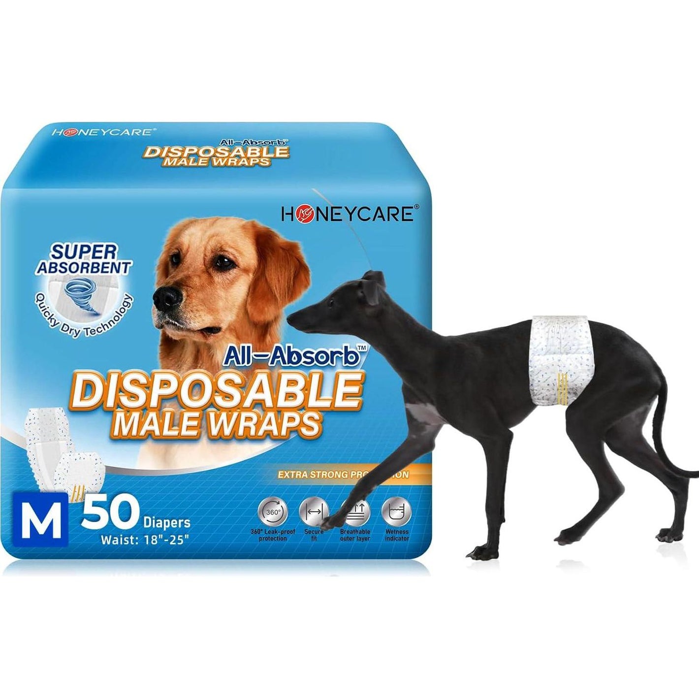 Honey Care Male Dog Wraps Medium Disposable Diapers White A25 Pack of 50