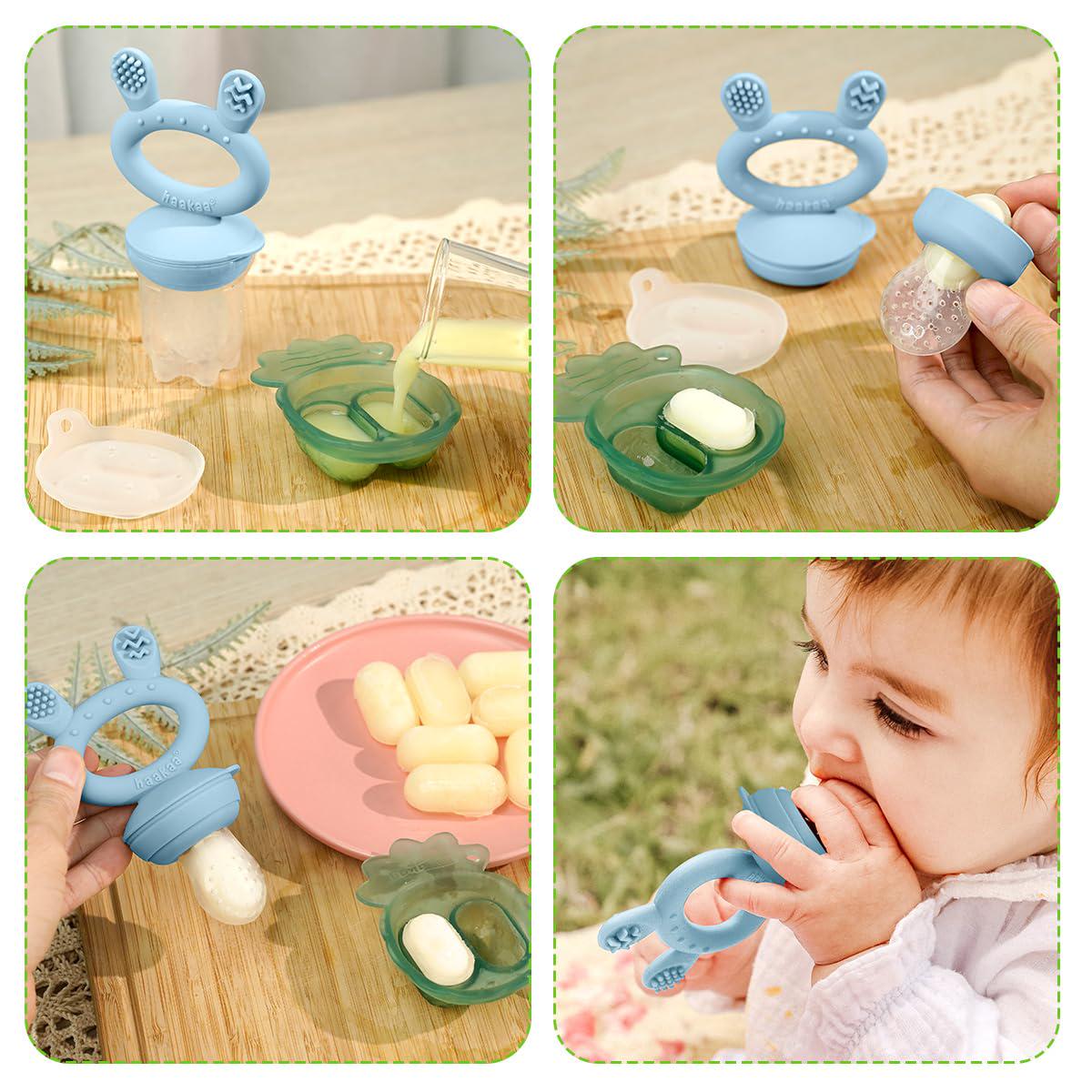 Haakaa Baby Fruit Food Feeder And Mini Freezer Nibble Tray Combo, Breastmilk Popsicle Molds For Baby Cooling Relief, BPA Free Silicone Feeder For Safe Infant Self Feeding, 4 Month+ (Sky Blue),