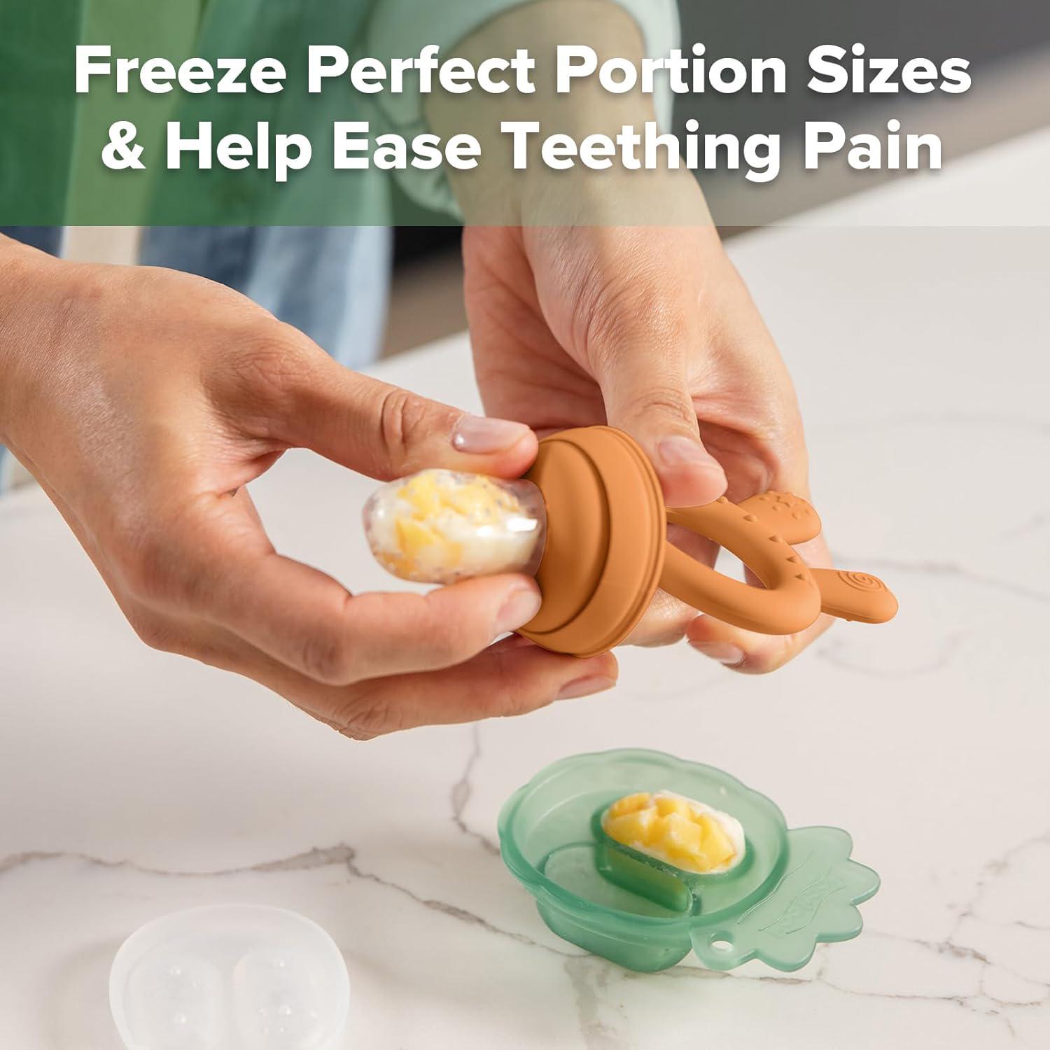 Haakaa Baby Fruit Food Feeder And Mini Freezer Nibble Tray Combo, Breastmilk Popsicle Molds For Baby Cooling Relief, BPA Free Silicone Feeder For Safe Infant Self Feeding, 4 Month+ (Pumpkin),