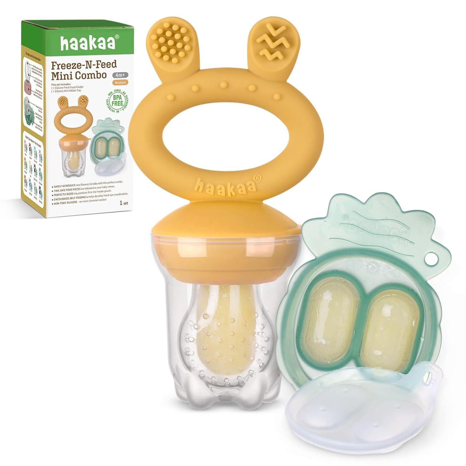 Haakaa Baby Fruit Food Feeder And Mini Freezer Nibble Tray Combo, Breastmilk Popsicle Molds For Baby Cooling Relief, BPA Free Silicone Feeder For Safe Infant Self Feeding, 4 Month+ (Mustard),