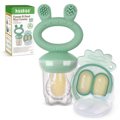Haakaa Baby Fruit Food Feeder And Mini Freezer Nibble Tray Combo, Breastmilk Popsicle Molds For Cooling Relief, BPA Free Silicone Feeder For Safe Infant Self Feeding, 4 Month+ (Pea Green),