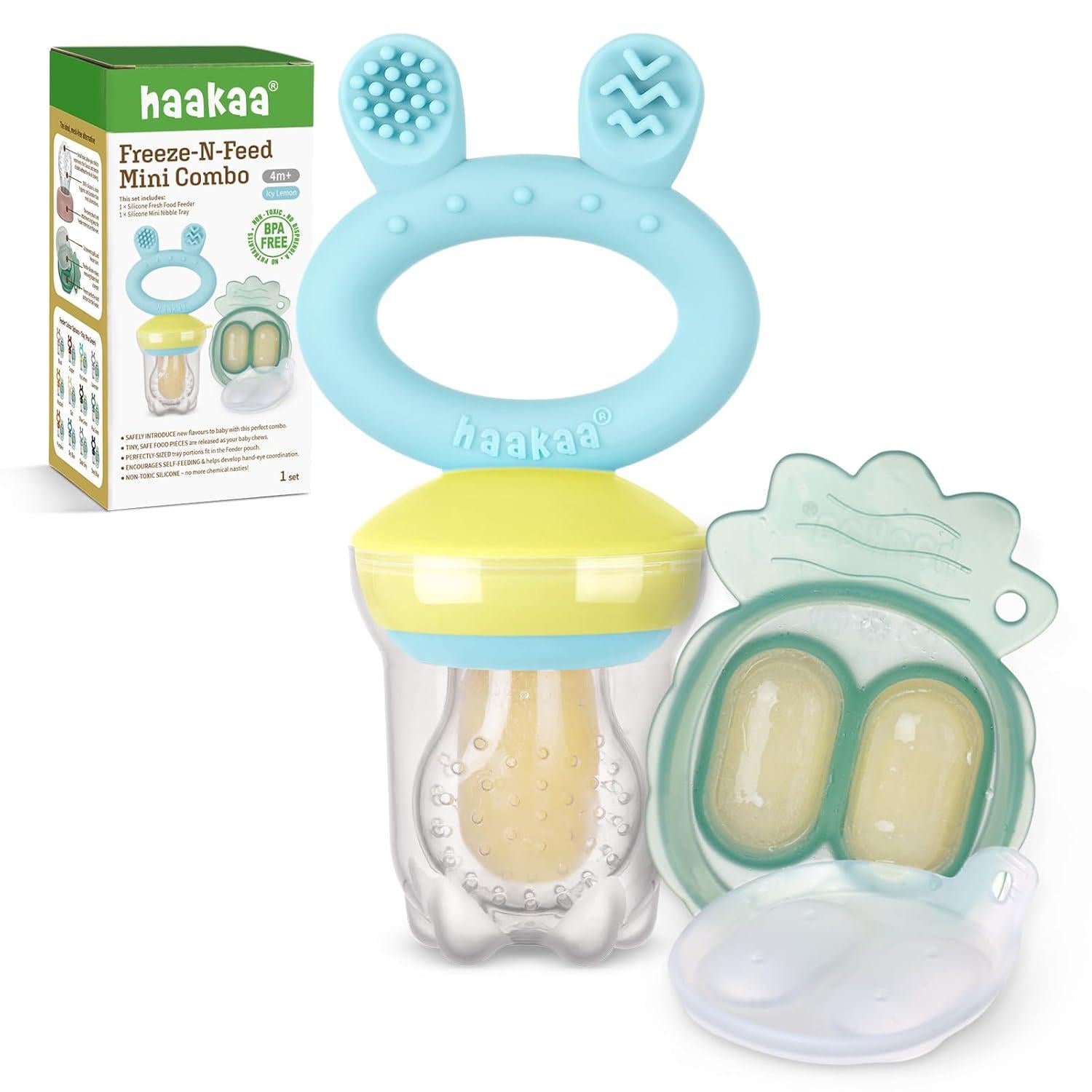 Haakaa Baby Fruit Food Feeder And Mini Freezer Nibble Tray Combo, Breastmilk Popsicle Molds For Baby Cooling Relief, BPA Free Silicone Feeder For Safe Infant Self Feeding, 4 Month+ (Blue),
