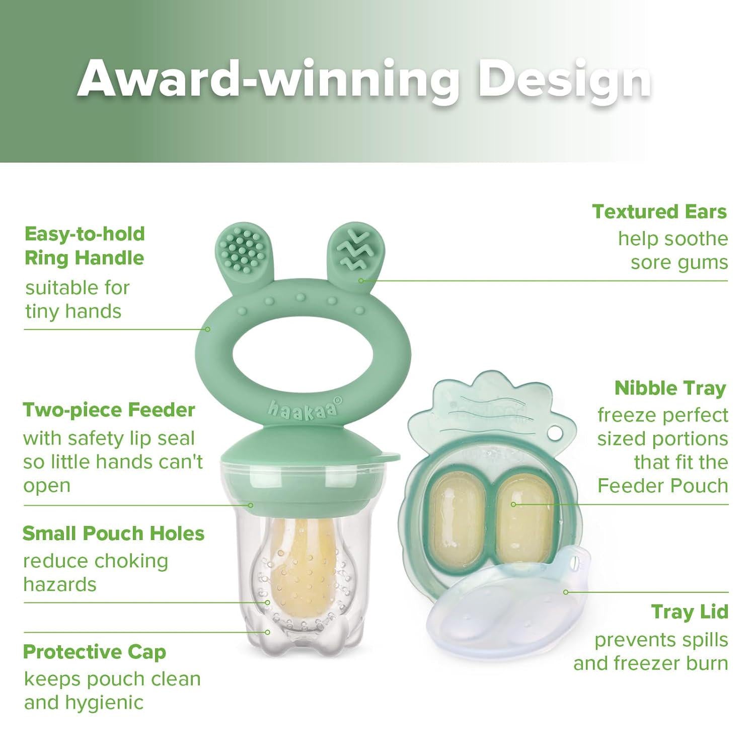 Haakaa Baby Fruit Food Feeder And Mini Freezer Nibble Tray Combo, Breastmilk Popsicle Molds For Cooling Relief, BPA Free Silicone Feeder For Safe Infant Self Feeding, 4 Month+ (Pea Green),