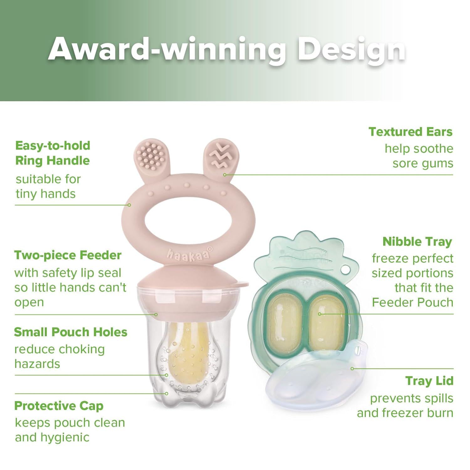 Haakaa Baby Fruit Food Feeder And Mini Freezer Nibble Tray Combo, Breastmilk Popsicle Molds For Baby Cooling Relief, BPA Free Silicone Feeder For Safe Infant Self Feeding, 4 Month+ (Blush),