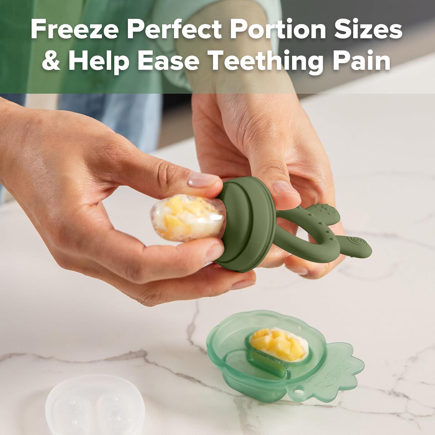 Haakaa Baby Fruit Food Feeder And Mini Freezer Nibble Tray Combo, Breastmilk Popsicle Molds For Baby Cooling Relief, BPA Free Silicone Feeder For Safe Infant Self Feeding, 4 Month+(Olive Green),