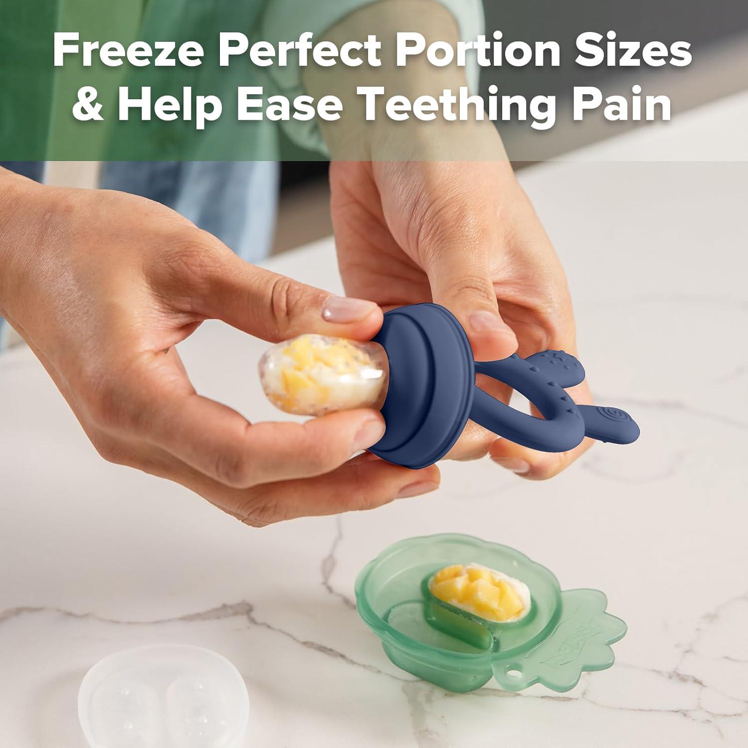 Haakaa Baby Fruit Food Feeder And Mini Freezer Nibble Tray Combo, Breastmilk Popsicle Molds For Baby Cooling Relief, BPA Free Silicone Feeder For Safe Infant Self Feeding, 4 Month+ (Steel Blue),