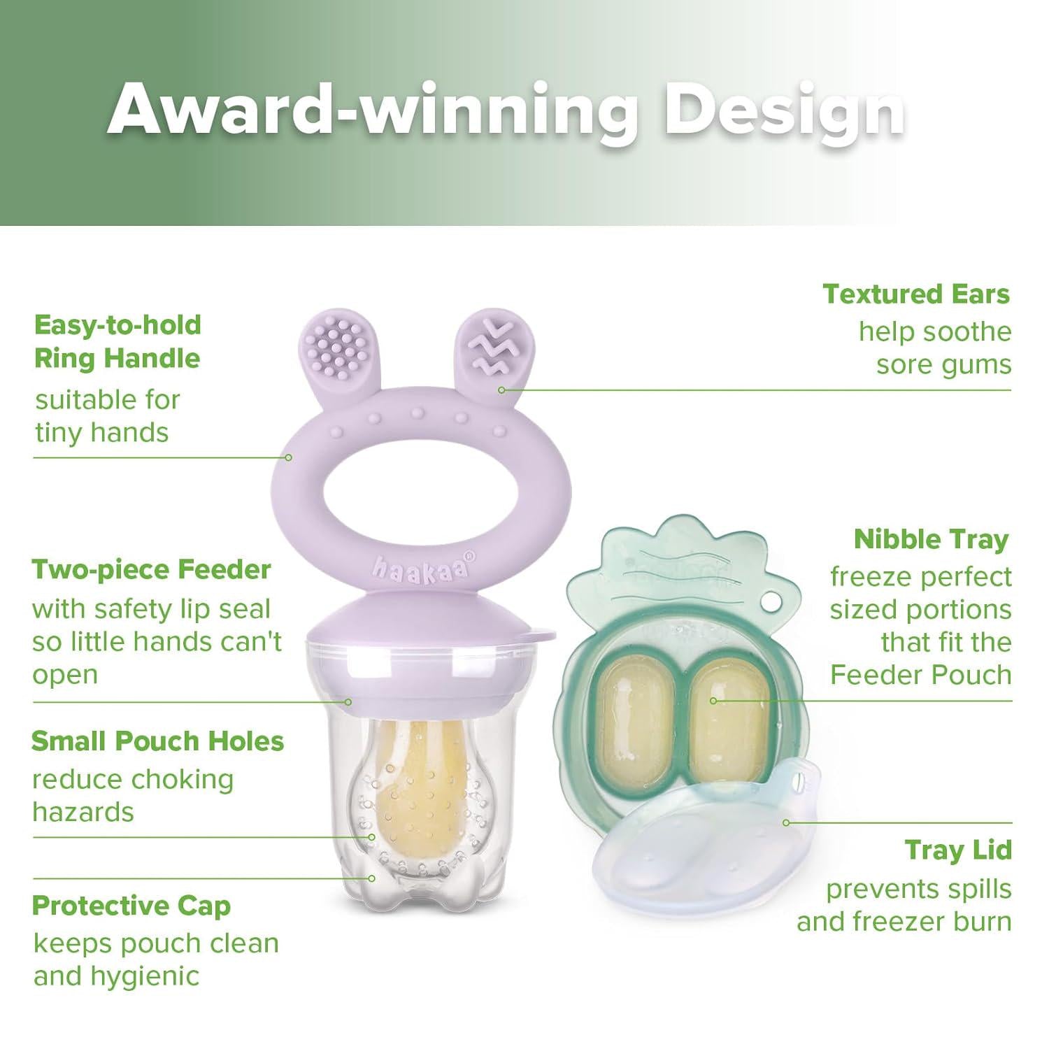 Haakaa Baby Fruit Food Feeder And Mini Freezer Nibble Tray Combo, Breastmilk Popsicle Molds For Baby Cooling Relief, BPA Free Silicone Feeder For Safe Infant Self Feeding, 4 Month+ (Lavender),