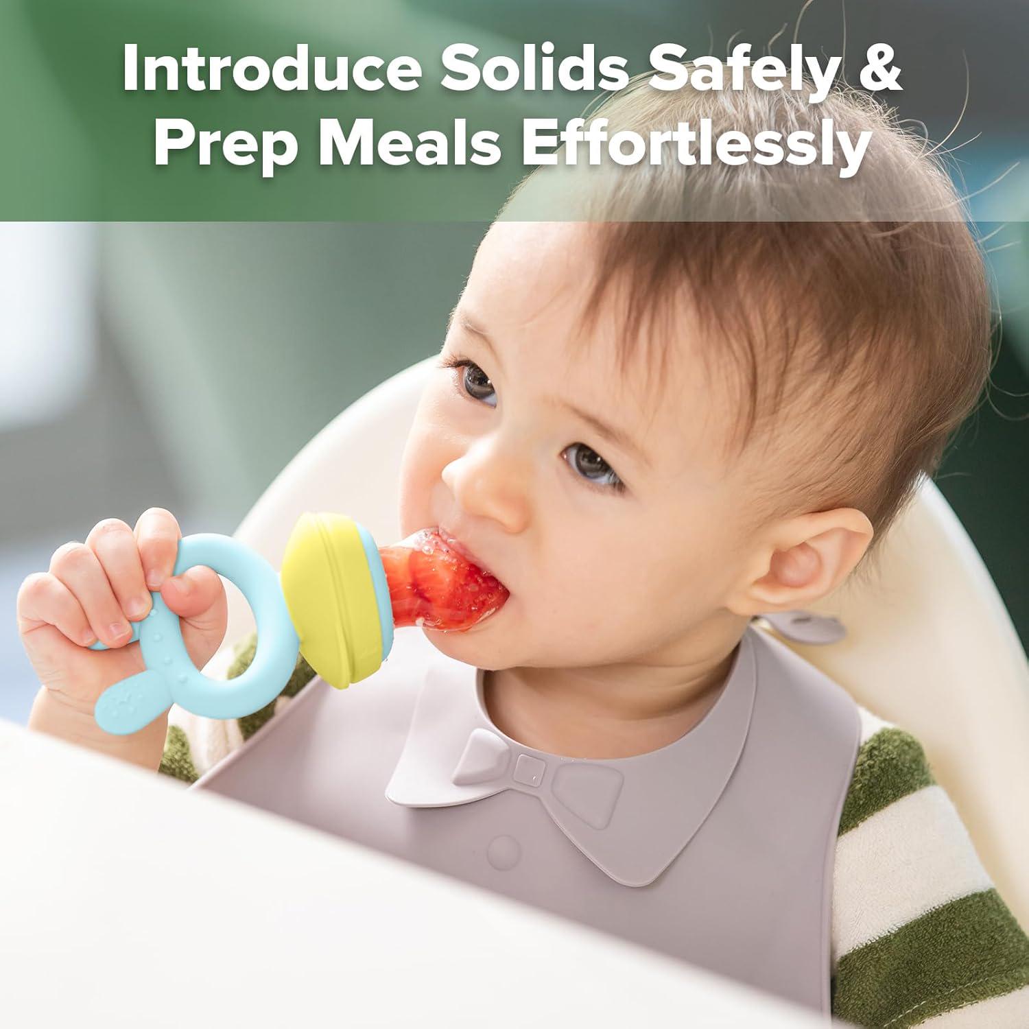 Haakaa Baby Fruit Food Feeder And Mini Freezer Nibble Tray Combo, Breastmilk Popsicle Molds For Baby Cooling Relief, BPA Free Silicone Feeder For Safe Infant Self Feeding, 4 Month+ (Blue),