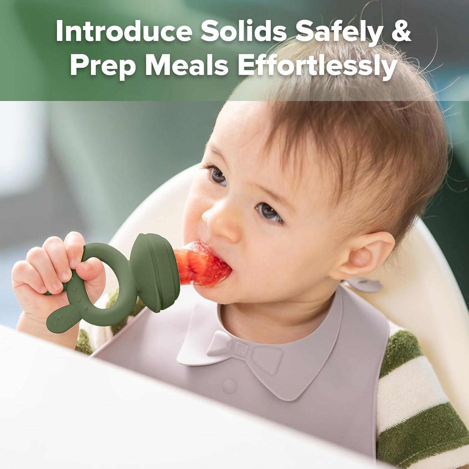 Haakaa Baby Fruit Food Feeder And Mini Freezer Nibble Tray Combo, Breastmilk Popsicle Molds For Baby Cooling Relief, BPA Free Silicone Feeder For Safe Infant Self Feeding, 4 Month+(Olive Green),