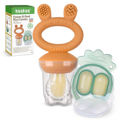 Haakaa Baby Fruit Food Feeder And Mini Freezer Nibble Tray Combo, Breastmilk Popsicle Molds For Baby Cooling Relief, BPA Free Silicone Feeder For Safe Infant Self Feeding, 4 Month+ (Pumpkin),