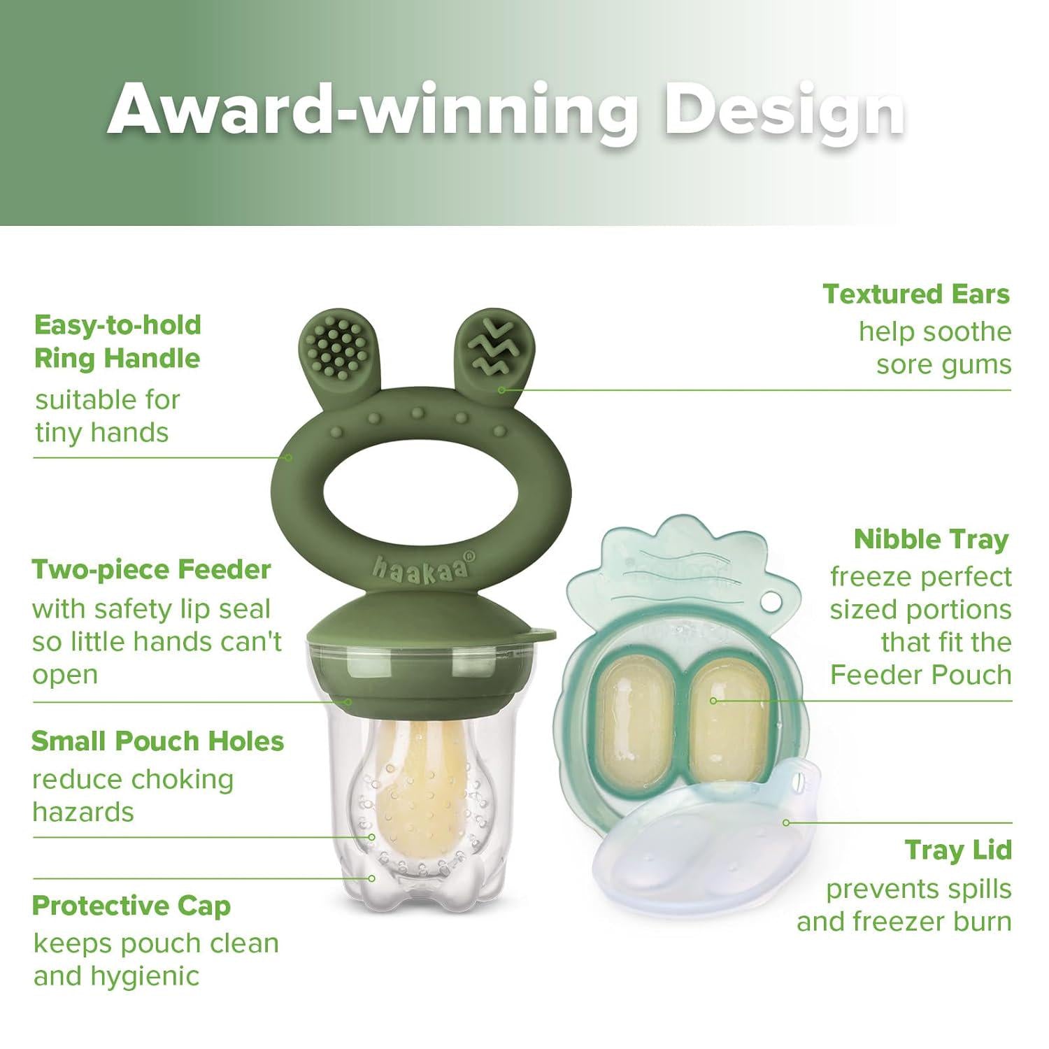 Haakaa Baby Fruit Food Feeder And Mini Freezer Nibble Tray Combo, Breastmilk Popsicle Molds For Baby Cooling Relief, BPA Free Silicone Feeder For Safe Infant Self Feeding, 4 Month+(Olive Green),