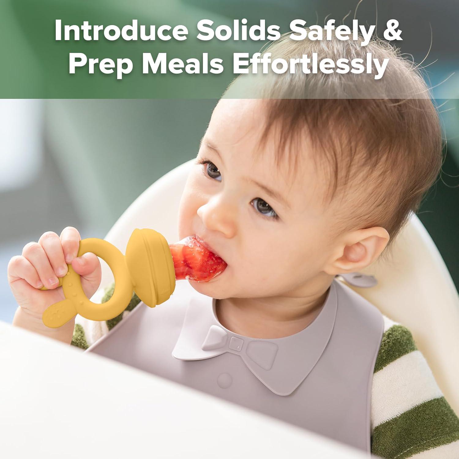 Haakaa Baby Fruit Food Feeder And Mini Freezer Nibble Tray Combo, Breastmilk Popsicle Molds For Baby Cooling Relief, BPA Free Silicone Feeder For Safe Infant Self Feeding, 4 Month+ (Mustard),