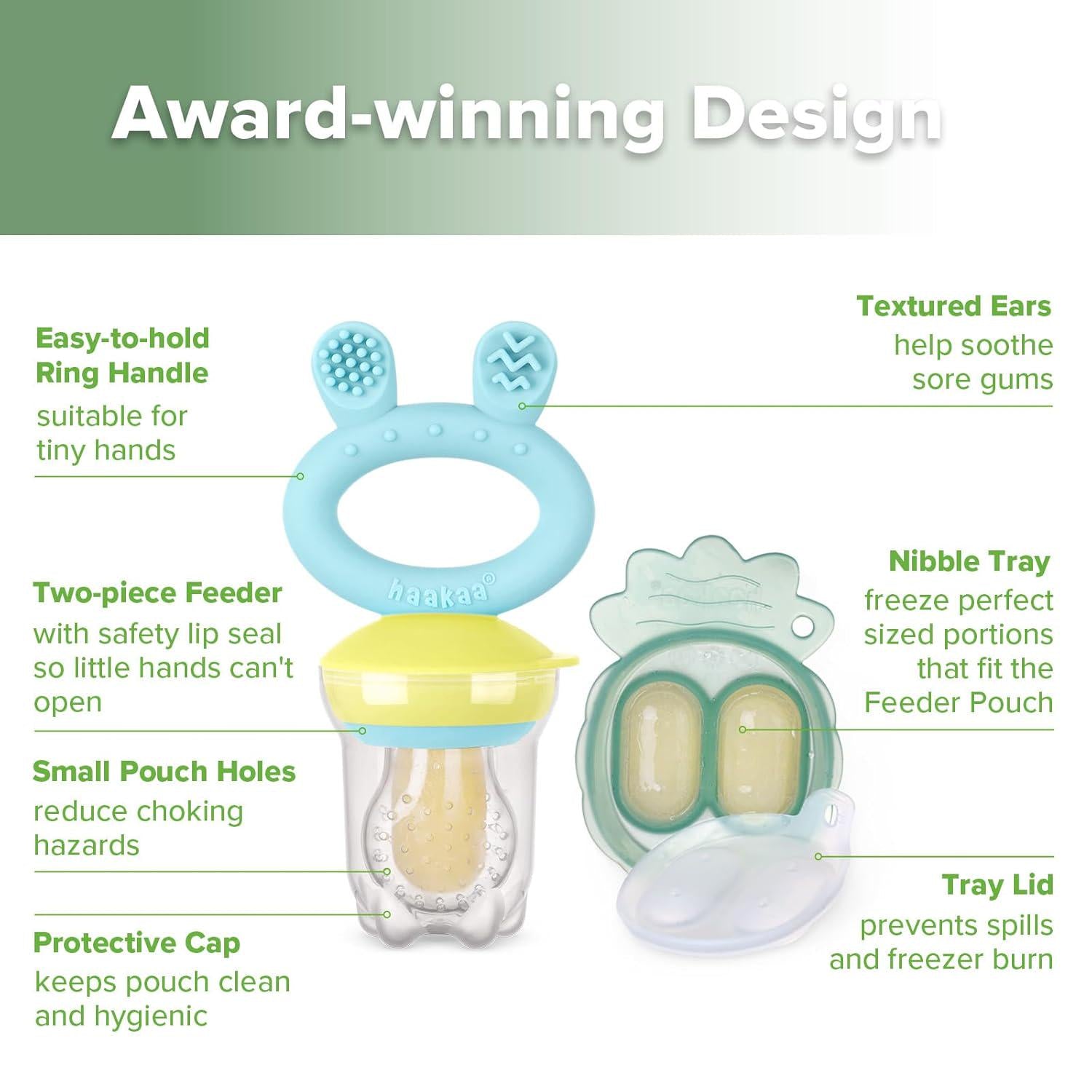 Haakaa Baby Fruit Food Feeder And Mini Freezer Nibble Tray Combo, Breastmilk Popsicle Molds For Baby Cooling Relief, BPA Free Silicone Feeder For Safe Infant Self Feeding, 4 Month+ (Blue),