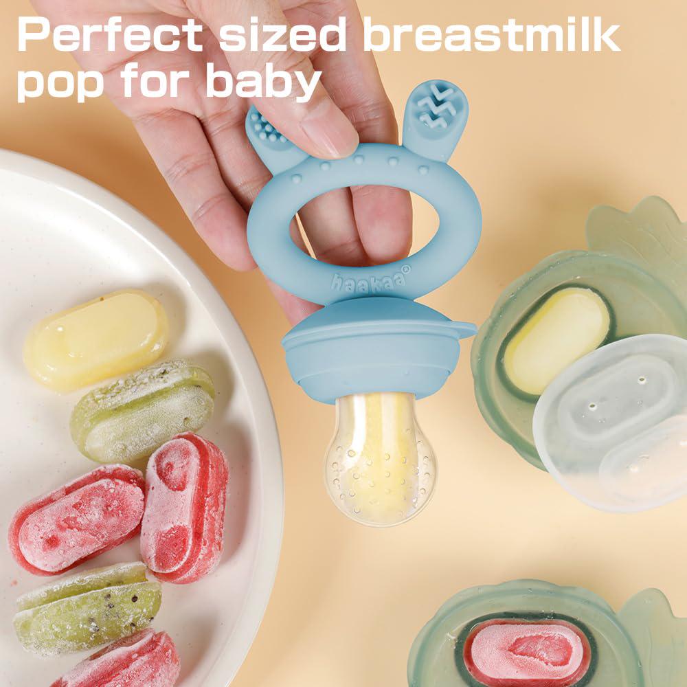Haakaa Baby Fruit Food Feeder And Mini Freezer Nibble Tray Combo, Breastmilk Popsicle Molds For Baby Cooling Relief, BPA Free Silicone Feeder For Safe Infant Self Feeding, 4 Month+ (Sky Blue),