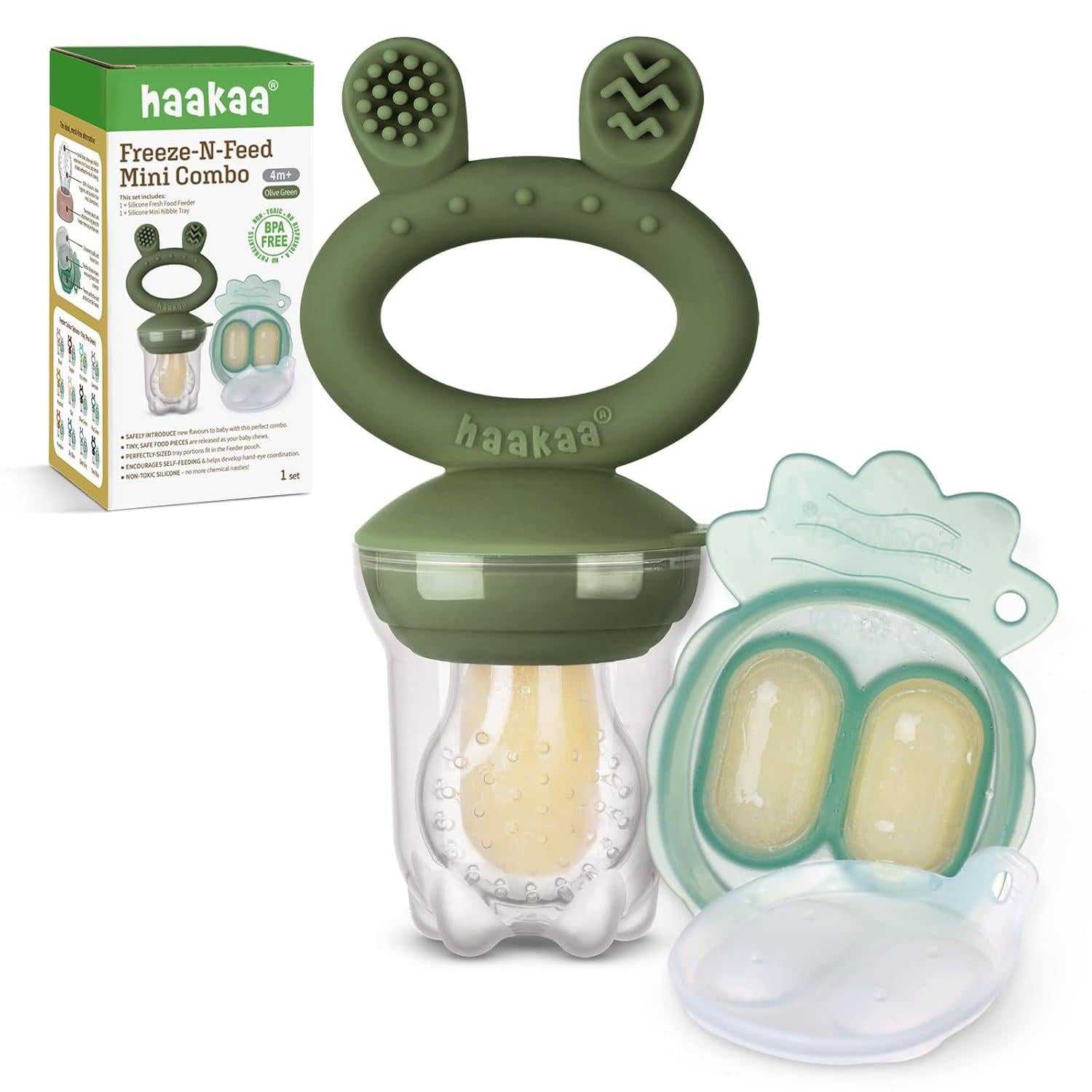 Haakaa Baby Fruit Food Feeder And Mini Freezer Nibble Tray Combo, Breastmilk Popsicle Molds For Baby Cooling Relief, BPA Free Silicone Feeder For Safe Infant Self Feeding, 4 Month+(Olive Green),