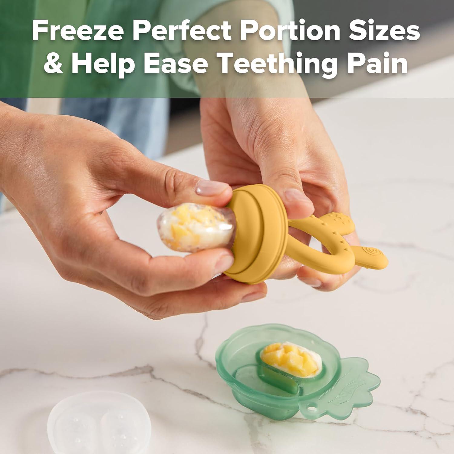 Haakaa Baby Fruit Food Feeder And Mini Freezer Nibble Tray Combo, Breastmilk Popsicle Molds For Baby Cooling Relief, BPA Free Silicone Feeder For Safe Infant Self Feeding, 4 Month+ (Mustard),