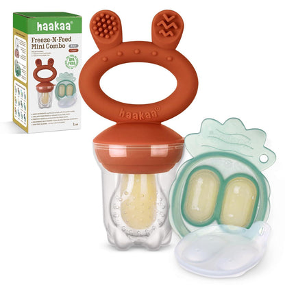 Haakaa Baby Fruit Food Feeder And Mini Freezer Nibble Tray Combo, Breastmilk Popsicle Molds For Baby Cooling Relief, BPA Free Silicone Feeder For Safe Infant Self Feeding, 4 Month+ (Copper),