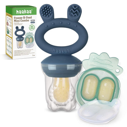 Haakaa Baby Fruit Food Feeder And Mini Freezer Nibble Tray Combo, Breastmilk Popsicle Molds For Baby Cooling Relief, BPA Free Silicone Feeder For Safe Infant Self Feeding, 4 Month+ (Steel Blue),