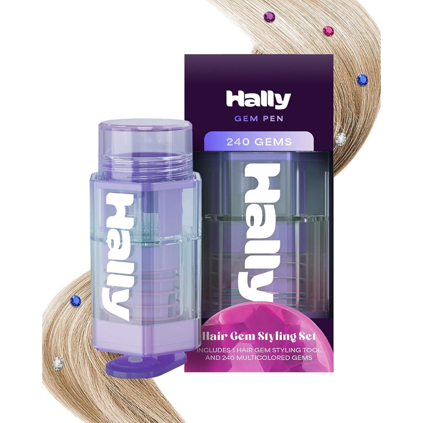 Hally Hair Gems Pen Kit with 240 Adhesive Gem Stickers, Multicolor Hair Jewels Styling Tool for Kids & Parties