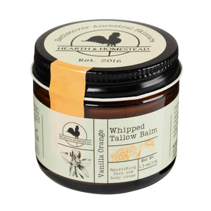 Hearth and Homestead Handmade Whipped Tallow Balm (Vanilla Orange) - Organic Body Butter With Infused Olive Oil, For Eczema, Rosacea, Baby - 1.3 Oz