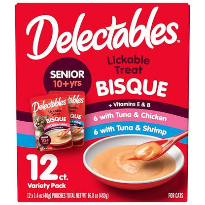 Hartz Delectables Bisque Wet Cat Treats, Senior Variety Pack, 12 Count, Lickable Soft Texture