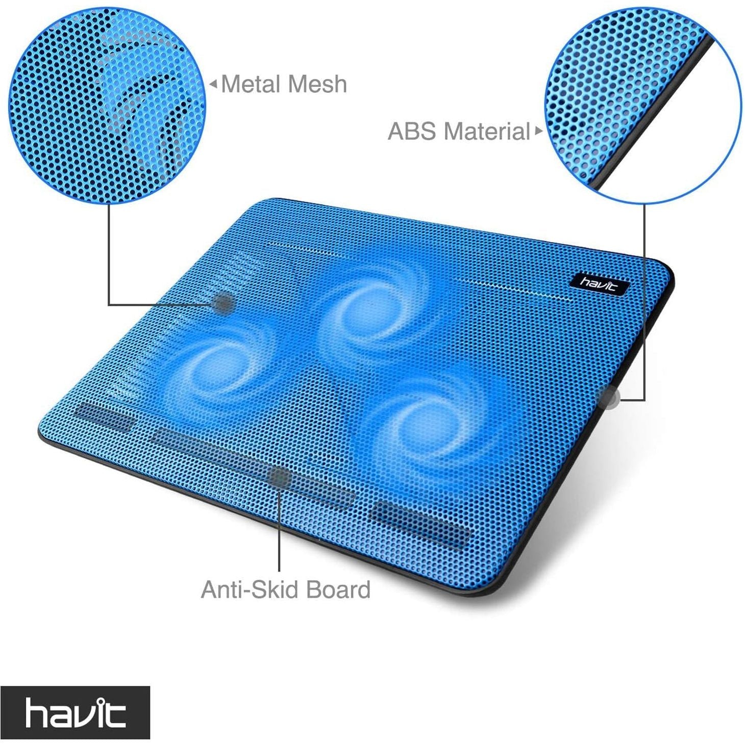 Havit HV-F2056 15.6-17 Inch Laptop Cooler Cooling Pad - Slim Portable USB Powered (3 Fans) (Blue),