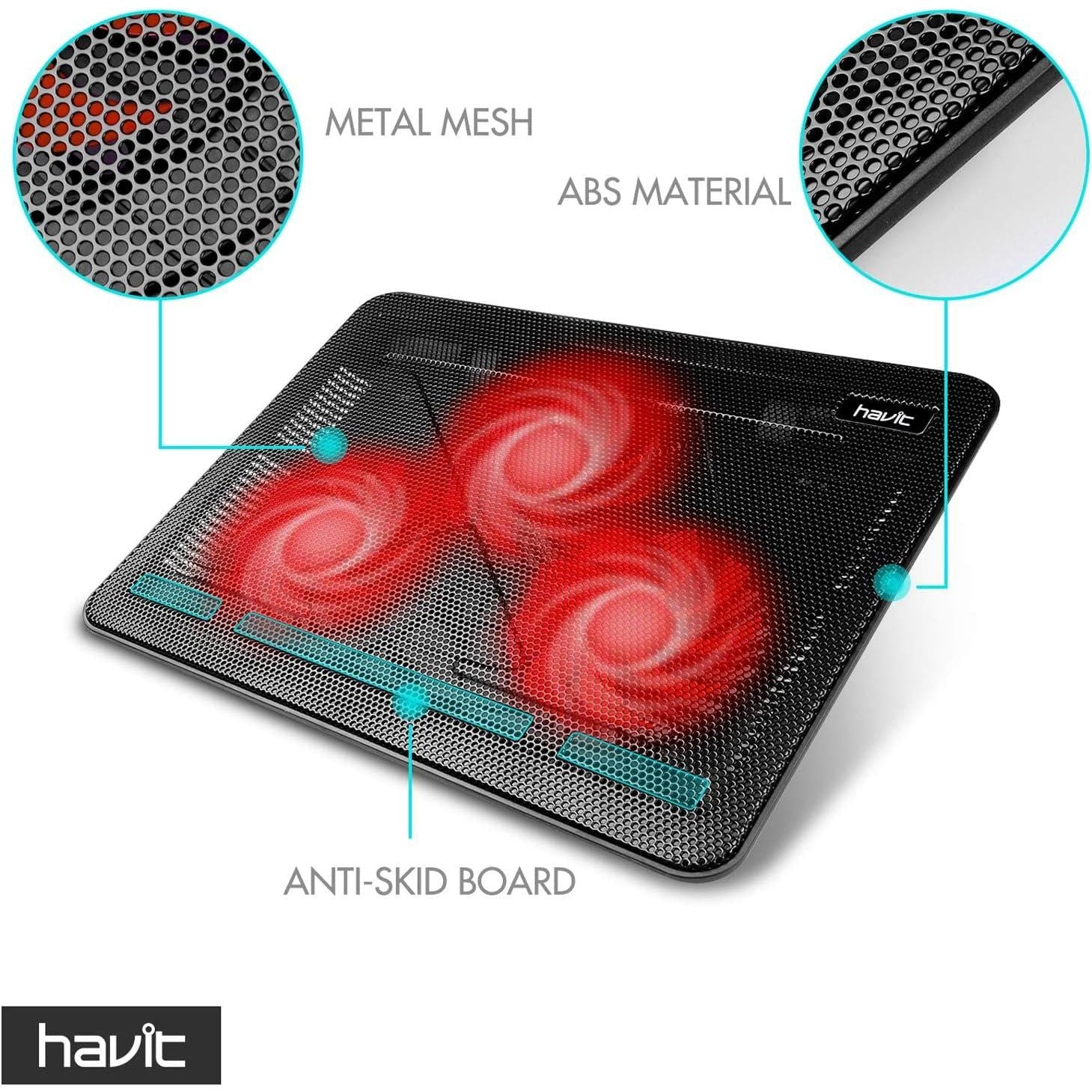 Havit HV-F2056 15.6-17 Inch Laptop Cooler Cooling Pad - Slim Portable USB Powered (3 Fans) (Black+Red),