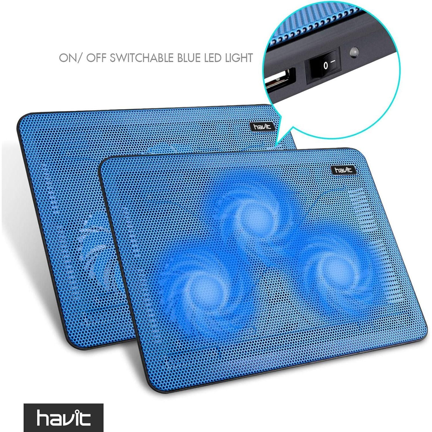Havit HV-F2056 15.6-17 Inch Laptop Cooler Cooling Pad - Slim Portable USB Powered (3 Fans) (Blue),