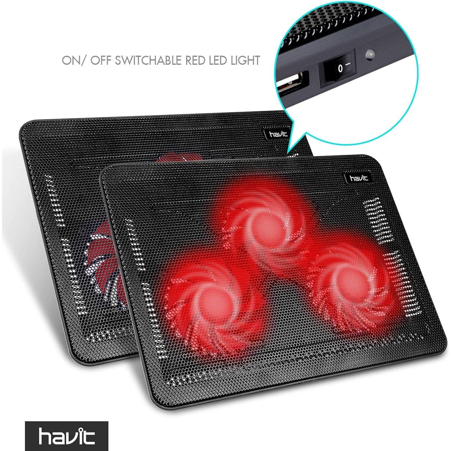 Havit HV-F2056 15.6-17 Inch Laptop Cooler Cooling Pad - Slim Portable USB Powered (3 Fans) (Black+Red),