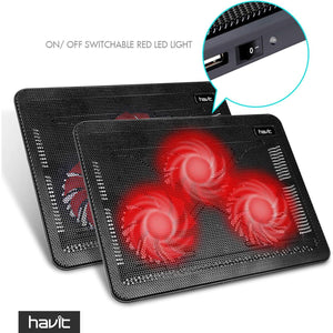 Havit HV-F2056 15.6-17 Inch Laptop Cooler Cooling Pad - Slim Portable USB Powered (3 Fans) (Black+Red),