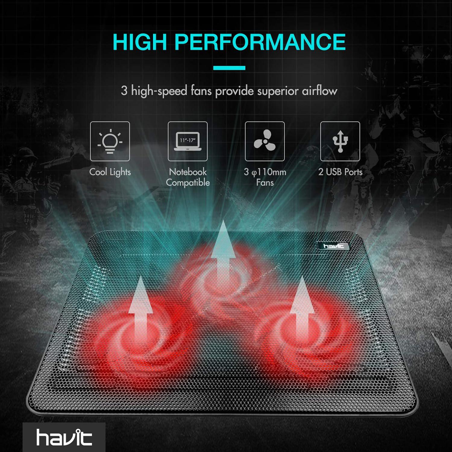 Havit HV-F2056 15.6-17 Inch Laptop Cooler Cooling Pad - Slim Portable USB Powered (3 Fans) (Black+Red),