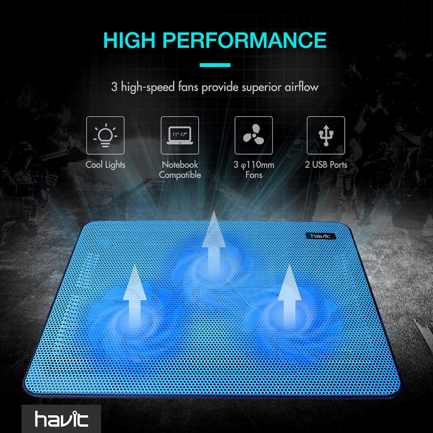Havit HV-F2056 15.6-17 Inch Laptop Cooler Cooling Pad - Slim Portable USB Powered (3 Fans) (Blue),