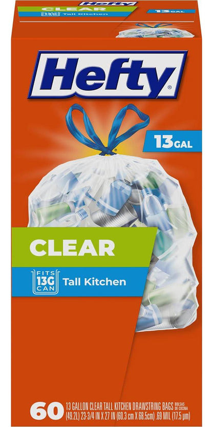Hefty Clear Trash Bags, 13 Gallon, 60 Count