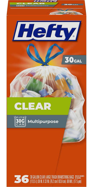 Hefty Clear Trash Bags, 30 Gallon, 36 Count, Strong & Durable, Ideal for Large Household & Outdoor Trash Needs