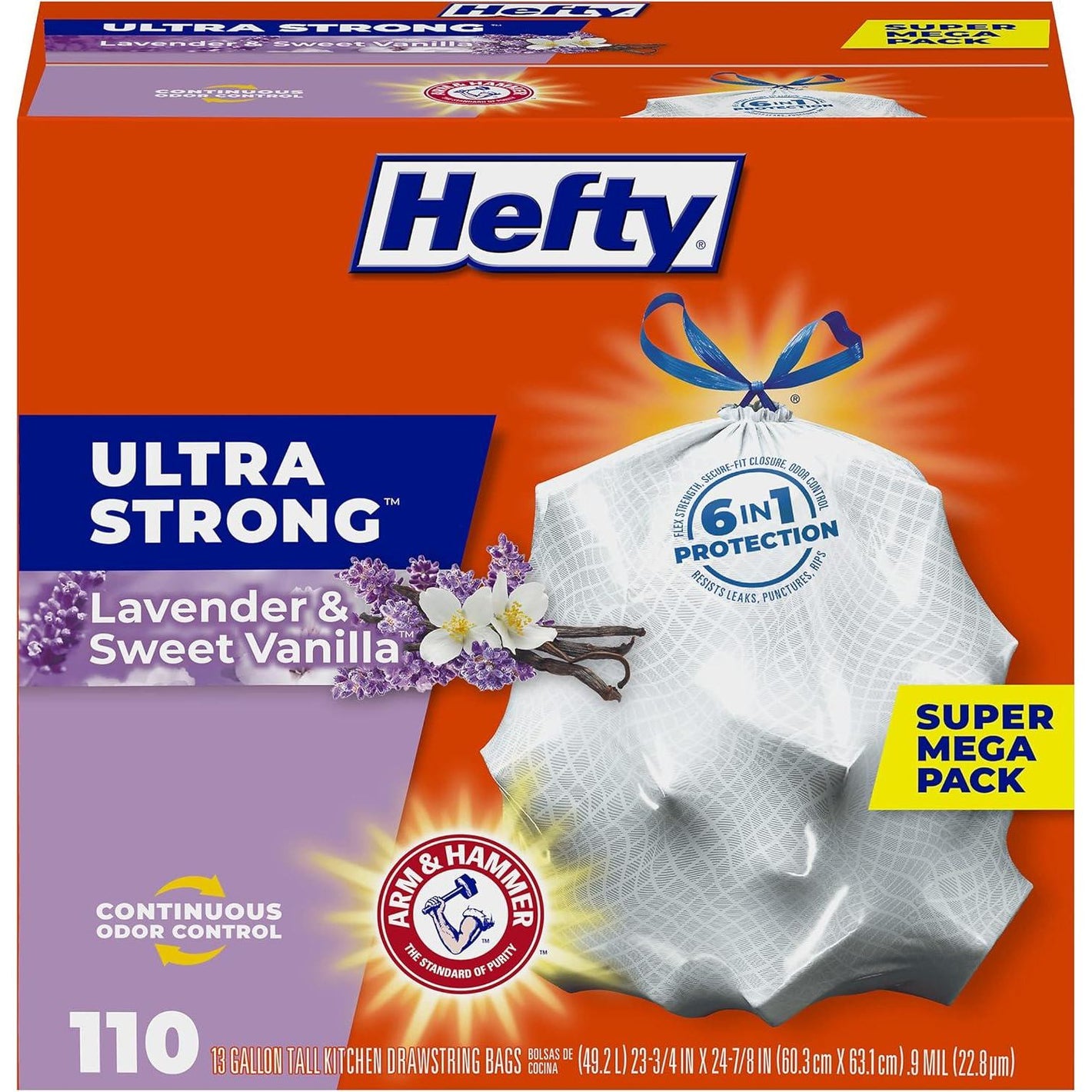 Hefty Hefty Ultra Strong 13 Gallon Trash Bags, Tall Kitchen Trash Bags, Break Resistant Drawstring Enclosure, Resists Leaks And Punctures, Odor Neutralizer, White, Lavender And Sweet Vanilla, 110 Bags