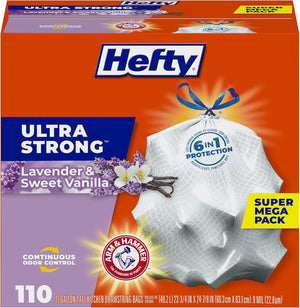 Hefty Hefty Ultra Strong 13 Gallon Trash Bags, Tall Kitchen Trash Bags, Break Resistant Drawstring Enclosure, Resists Leaks And Punctures, Odor Neutralizer, White, Lavender And Sweet Vanilla, 110 Bags
