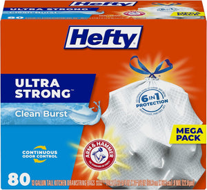 Hefty Hefty Ultra Strong 13 Gallon Trash Bags, Tall Kitchen Trash Bags 13 Gallon Size, Drawstring Closure, Continuous Odor Control, White, Clean Burst Scent, 80 Bags
