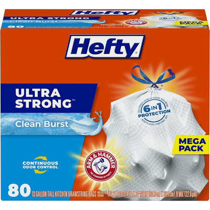 Hefty Hefty Ultra Strong 13 Gallon Trash Bags, Tall Kitchen Trash Bags 13 Gallon Size, Drawstring Closure, Continuous Odor Control, White, Clean Burst Scent, 80 Bags