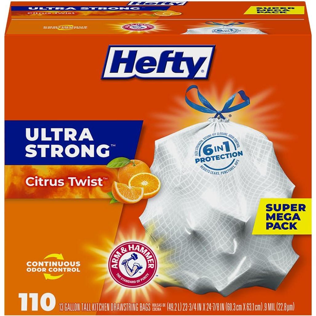 Hefty Ultra Strong 13 Gallon Trash Bags, Tall Kitchen Bags, Drawstring Closure, Continuous Odor Control, White Citrus Twist Scent, 110 Bags