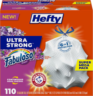 Hefty Hefty Ultra Strong 13 Gallon Trash Bags, Tall Kitchen Trash Bags 13 Gallon Size, Resist Leaks, Punctures, And Rips, Continuous Odor Control, White, Fabuloso Scent, 110 Bags