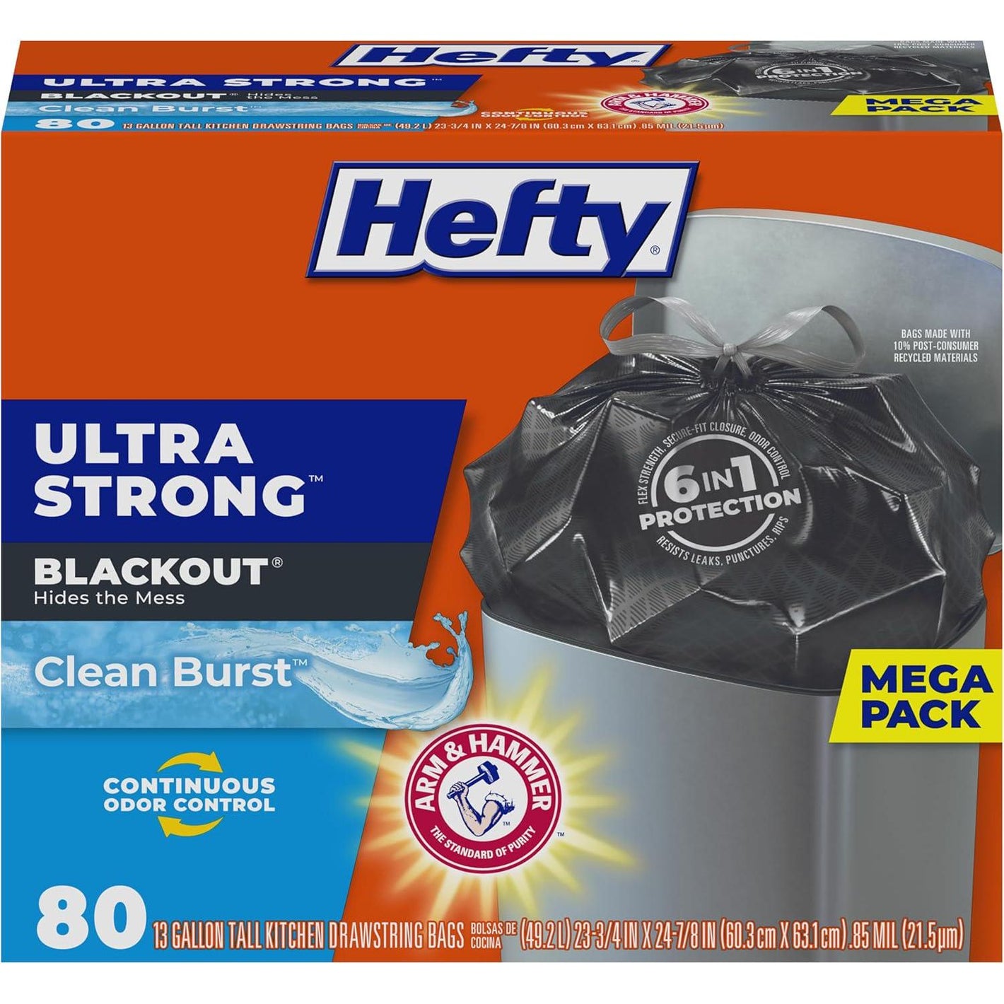 Hefty Ultra Strong 13 Gallon Trash Bags, Black, Tall Kitchen Trash Bags with Break-Resistant Drawstring Enclosure & Odor Control, 80 Bags
